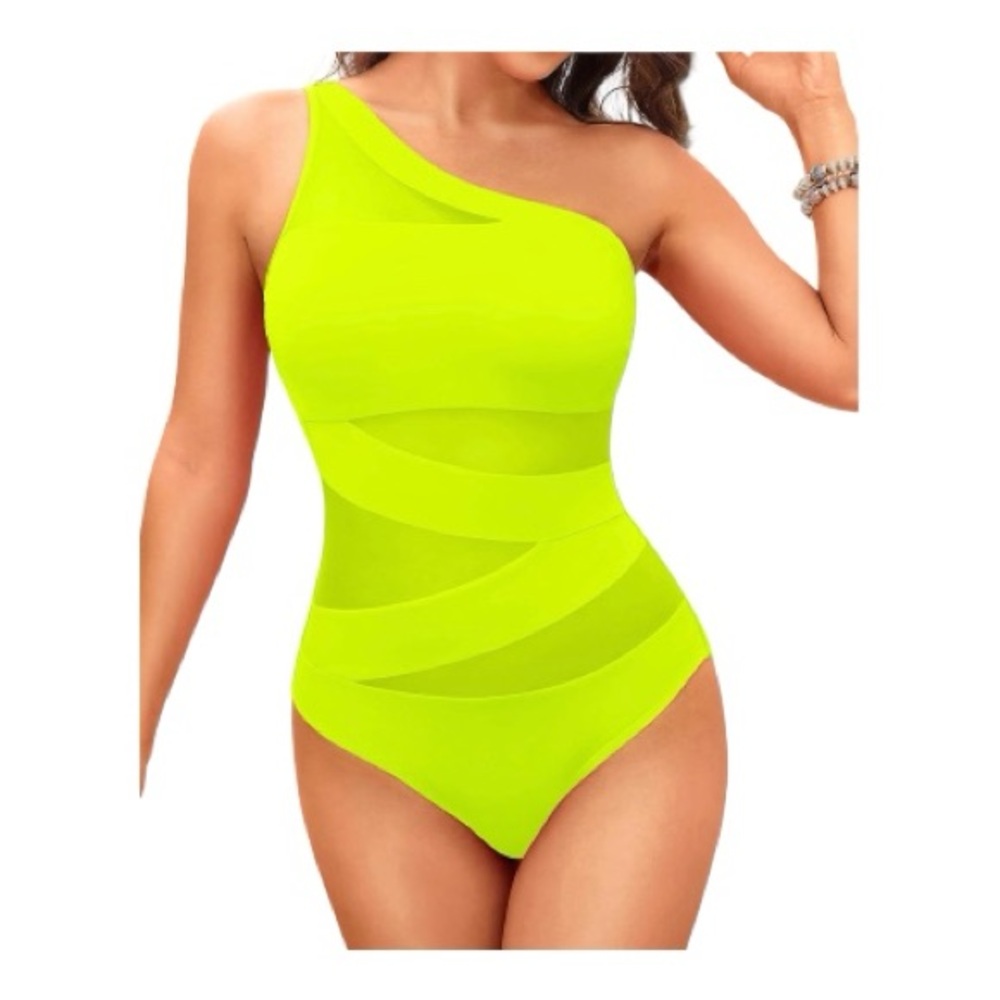 Tempt Me - NWT - Neon Yellow Green One-Shoulder Swimsuit - Picture 5 of 8